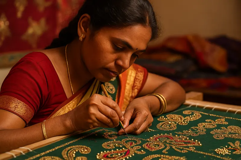 Artisan doing aari embroidery with beads and sequins on green fabric stretched on a frame