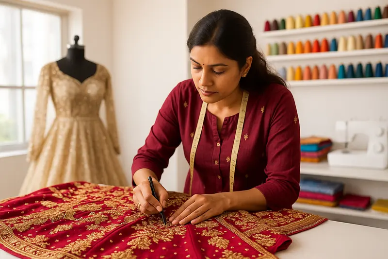 Student marking embroidered bridal fabric beside a dress form wearing a golden bridal gown