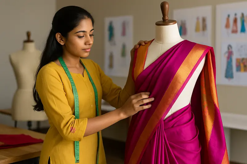 Student draping magenta silk with a gold border on a dress form in a draping class