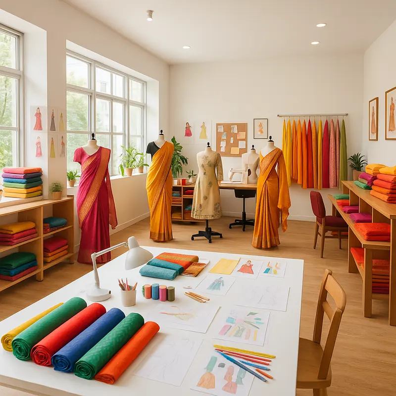 Fashion design studio with dress forms, rolls of fabric, sketches and a rack of colourful garments