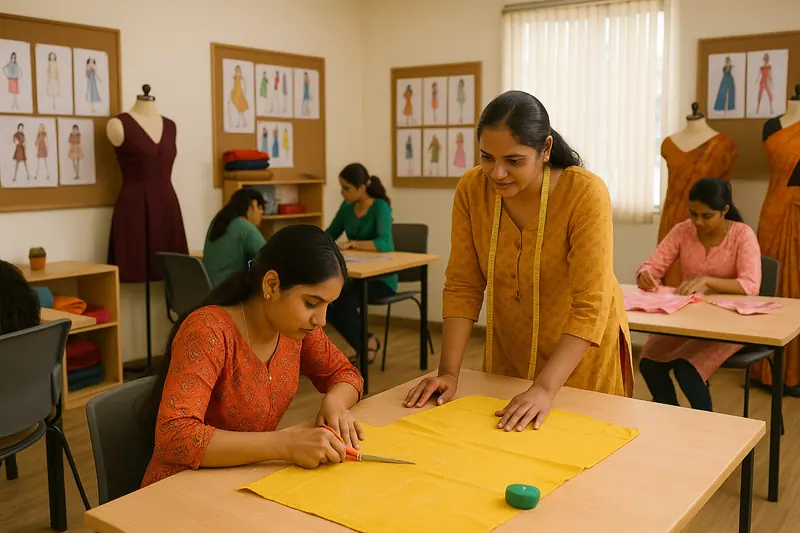 Instructor guiding students as they cut and stitch fabric at tables in a fashion designing classroom