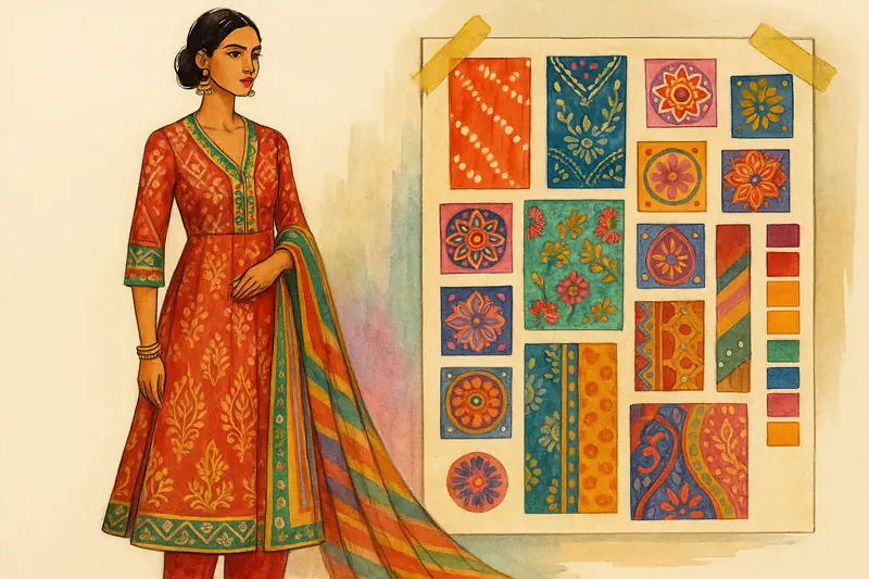 Fashion illustration of a woman in an orange kurta set beside a mood board of fabric swatches and colour palettes