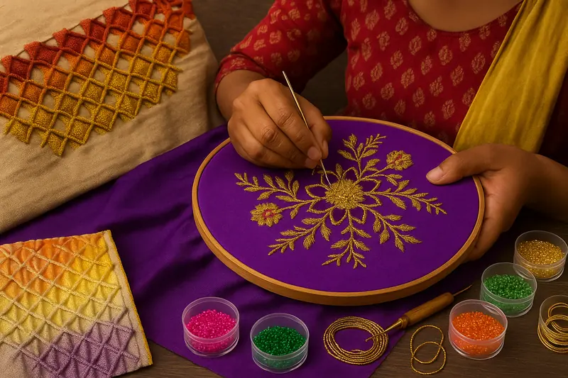 Gold floral hand embroidery in a hoop on purple fabric with beads and smocked fabric samples