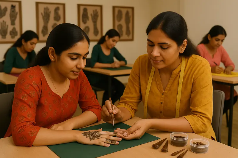 Instructor applying a mehndi design on a student’s hand in a mehndi class
