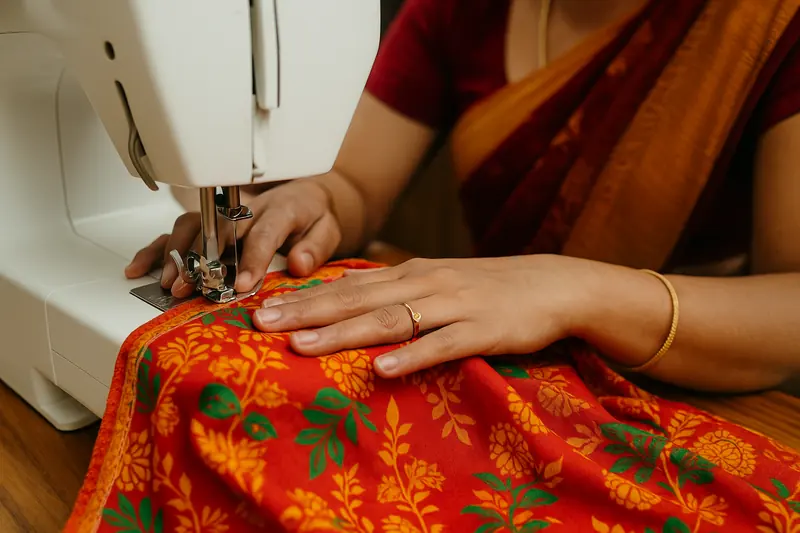 Student stitching an orange floral fabric on a sewing machine during a tailoring class