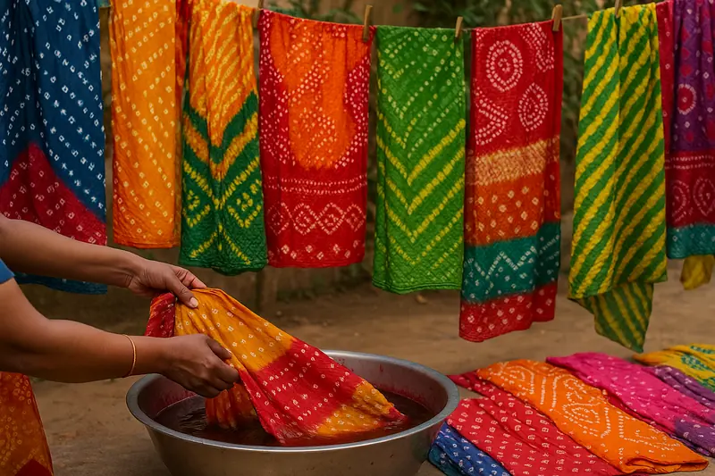 Colourful Bandhani and Leheriya tie-dye fabrics hanging to dry while a student dips fabric in a dye bath